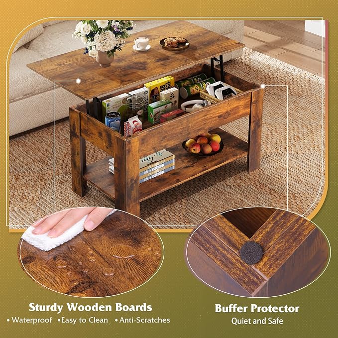 WLIVE Coffee Table, 39" Lift Top Coffee Table with Hidden Compartment, Storage Shelf and Lifting Top for Home Living Room, Office and Reception Room, Rustic Brown