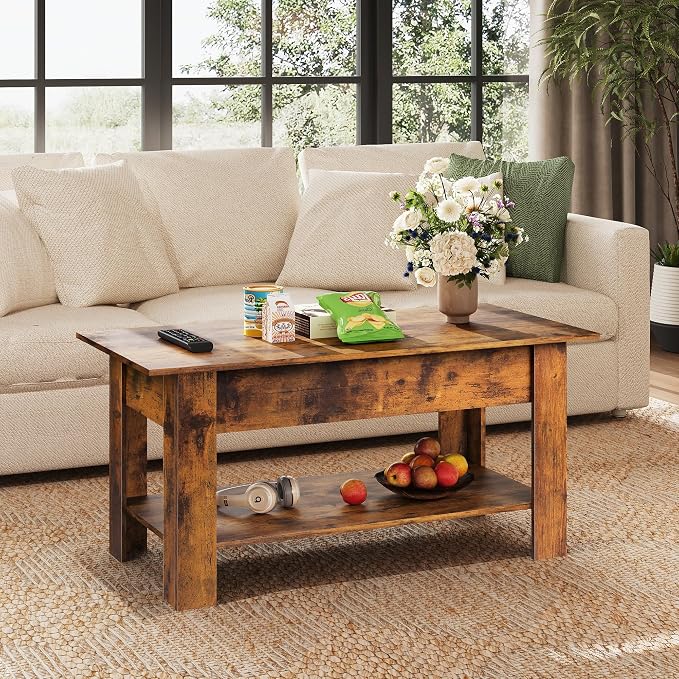 WLIVE Coffee Table, 39" Lift Top Coffee Table with Hidden Compartment, Storage Shelf and Lifting Top for Home Living Room, Office and Reception Room, Rustic Brown