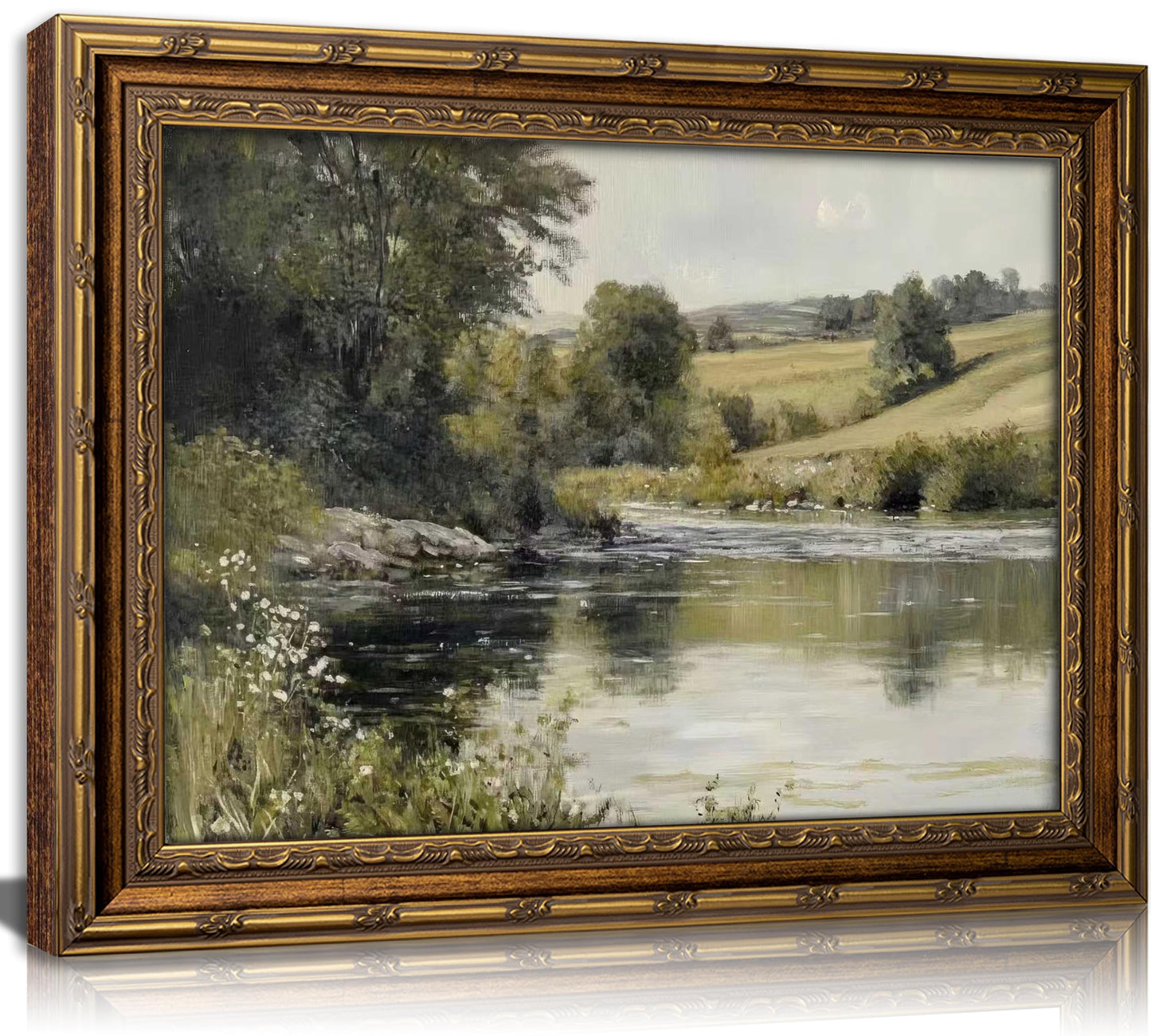 Vintage Gold Framed Wall Art Retro Rustic Farmhouse Green Nature Landscape Painting Picture Canvas Fall Forest Antique River Rural Wildflower Lakes Scenery Picture Poster for Living Room Home