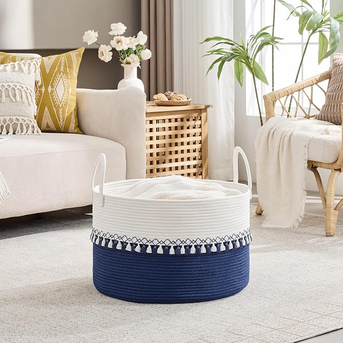 KAKAMAY Cotton Rope Storage Basket (20"x13"),Woven Hamper for Blankets,Toys,Pillows,Clothes,Laundry,Sturdy Handles Decorative Basket for Living Room, Bedroom,Nursery(Blue/Blue Fringe)