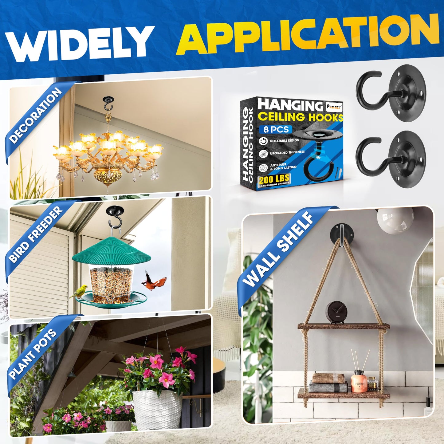 [UPGRADED] 200LBS 8Pcs Round Ceiling Hooks with Firmly Rotatable Button, Black Wall Mount Metal Hangers for Hanging Hanging Plants, Bird Feeder, Lantern, Lights, Wind Chime, Indoor Outdoor Decor