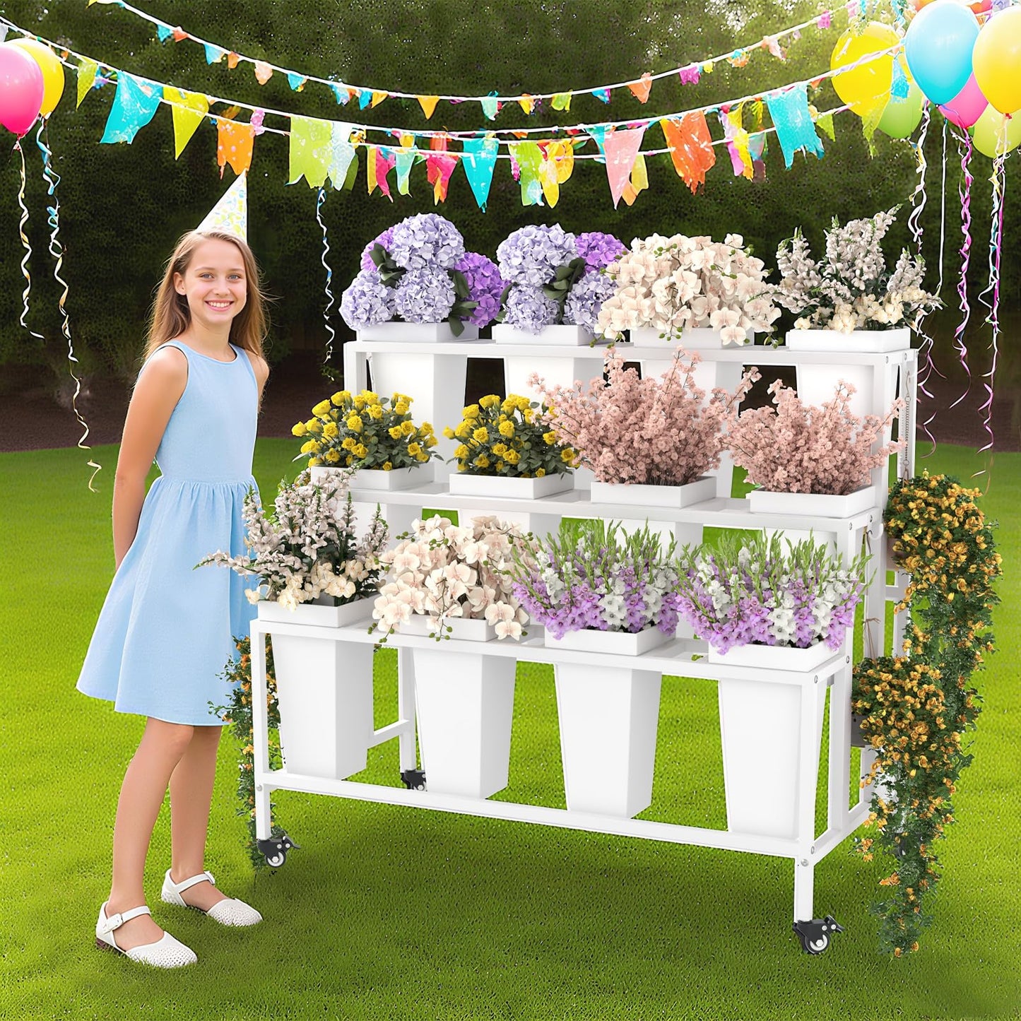 Annzoe Flower Display Stand with 12 Buckets & Wheels – 3-Tier Mobile Flower Cart, White Metal Flower Bar for Weddings, Florist Shops, Patio, Garden & Home