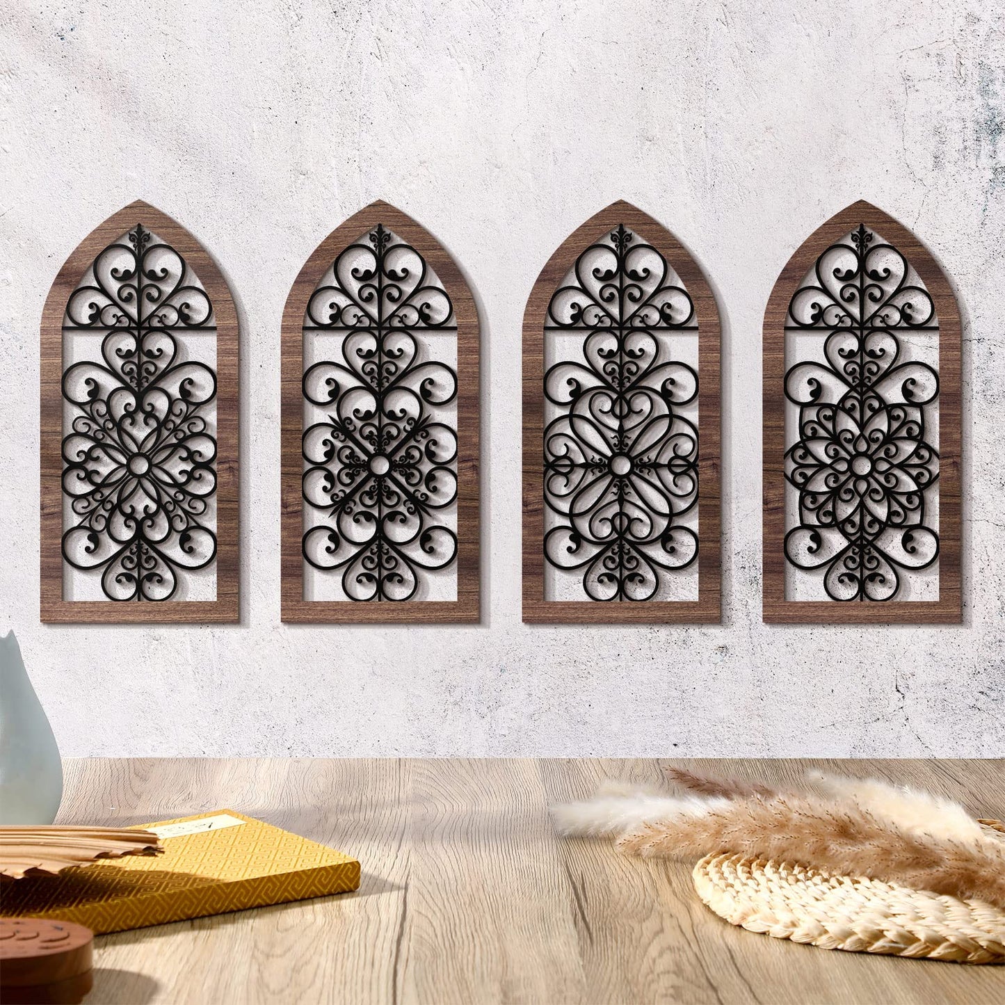4 Pieces Thicken Rustic Wood Wall Decor Arch Modern Farmhouse Wall Art Decor Wooden Hollow Carved Design Rustic Home Art for Living Room Bedroom Office Kitchen (Classic Style)