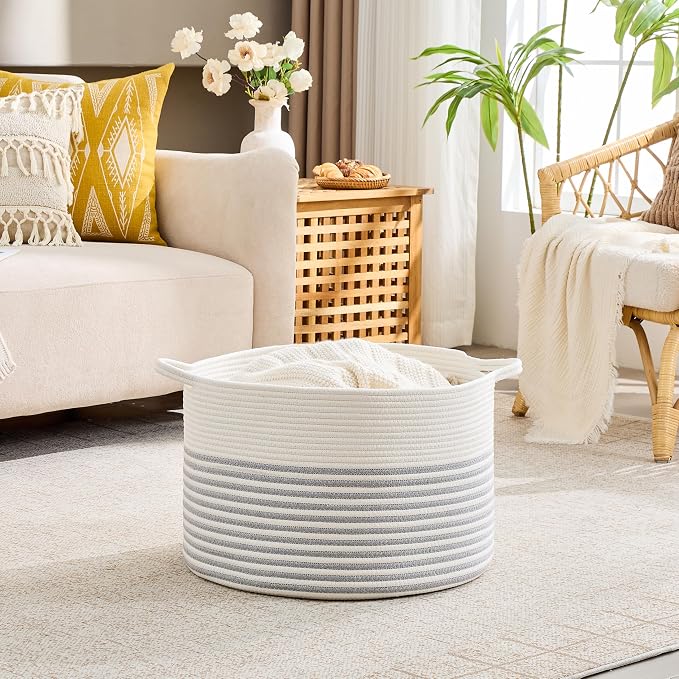 KAKAMAY Cotton Rope Storage Basket (20"x13"),Woven Hamper for Blankets,Toys,Pillows,Clothes,Laundry,Sturdy Handles Decorative Basket for Living Room, Bedroom,Nursery(Grey/Beige)