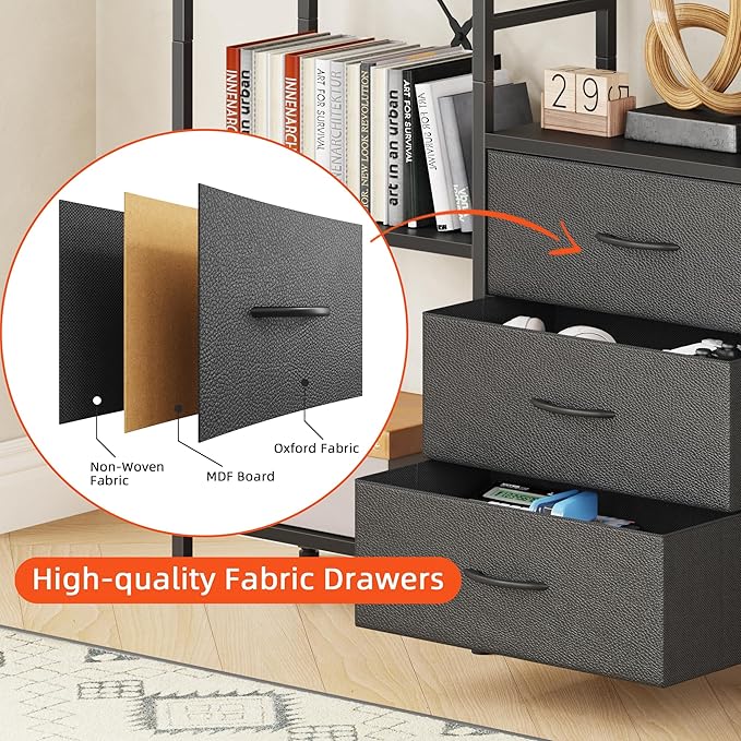 AFLUI Triple Bookshelf with 3 Fabric Drawers, 5-Tier Book Shelf and 10 Display Shelves, Industrial Large Bookcase for Home & Office, Black, 47'' Wide