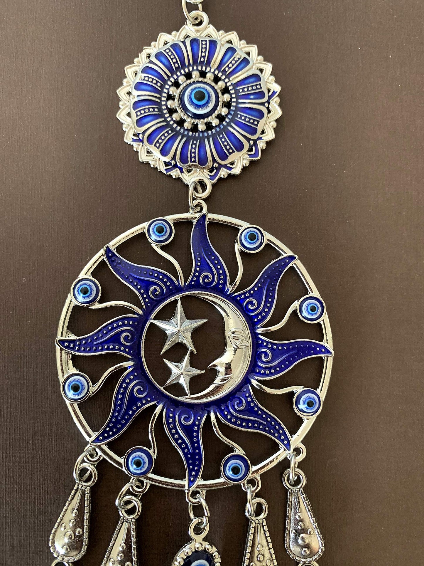 Turkish Sun,Moon & Stars Evil Eye Wall Hanging, Blue Nazar Glass Decor, Celestial Guardian Ornament for Home -CL17