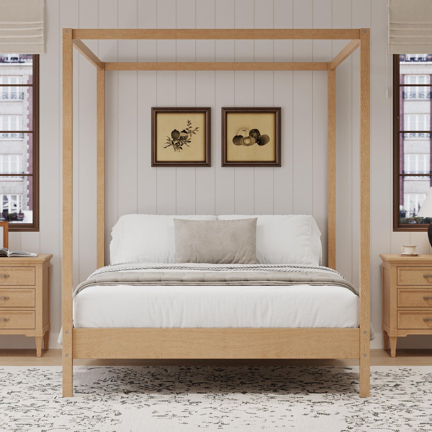 Merax Queen Size Canopy Bed with Four Posters, Wooden Platform Bed Frame & 8.3" Storage Space Under Bed, Solid Wood Slats Support, No Box Spring Needed, Easy Assembly, Natural