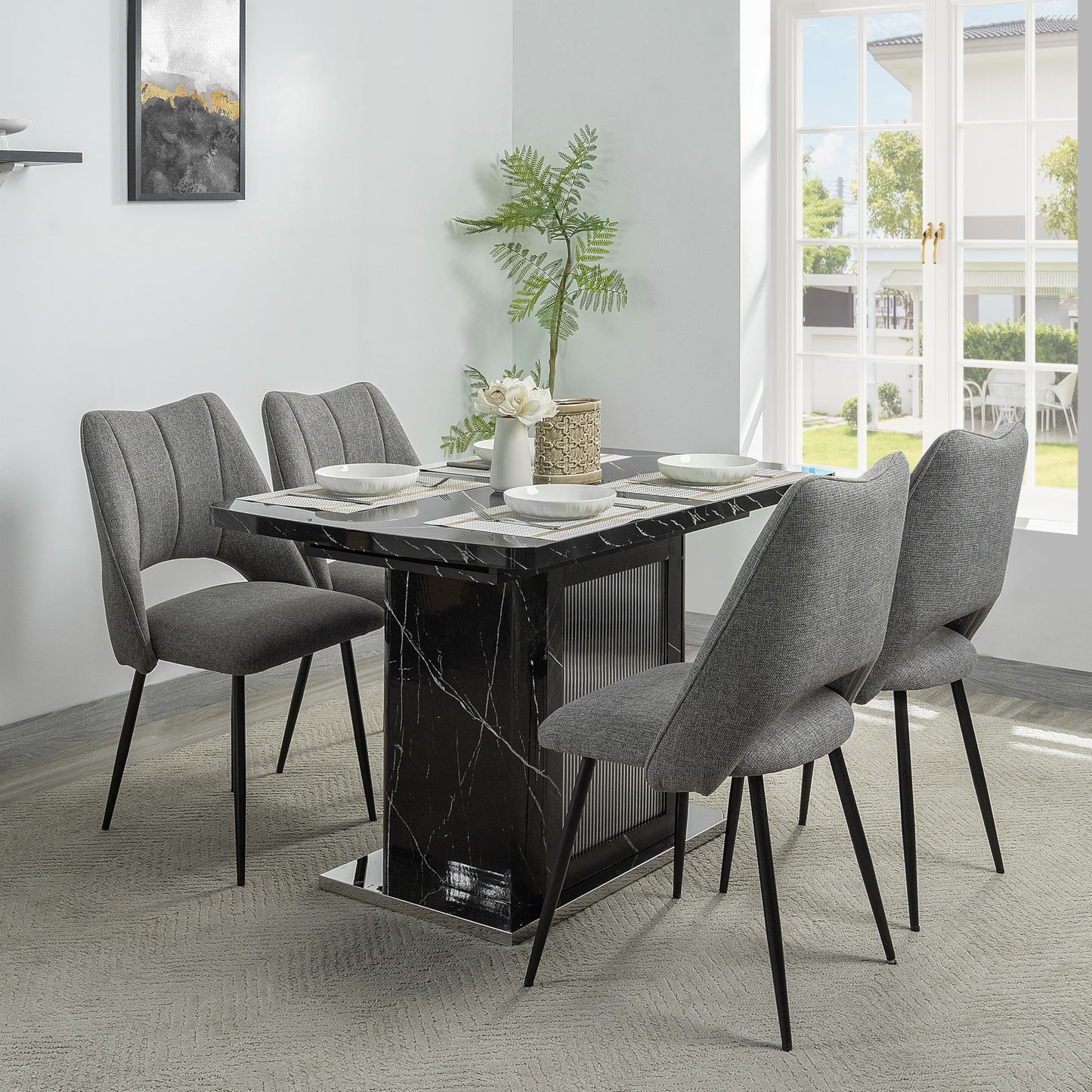 GDFStudio 47.24"-63" Farmhouse Extendable Dining Table for 4-6, Printed Marble Top Rectangle Dining Table with Storage Shelves & Glass Door Cabinet, Space Saving Kitchen and Dining Room Table, Black