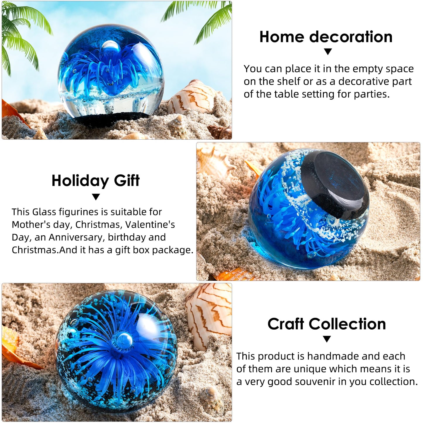 EUSTUMA Blue Hand Blown Glass Anemones Sculpture, 3.15x3.15x3.15 inches, 1.52 lbs, Paperweight, Fish Tank Ornament, Figurine Gift Box, Home Decoration