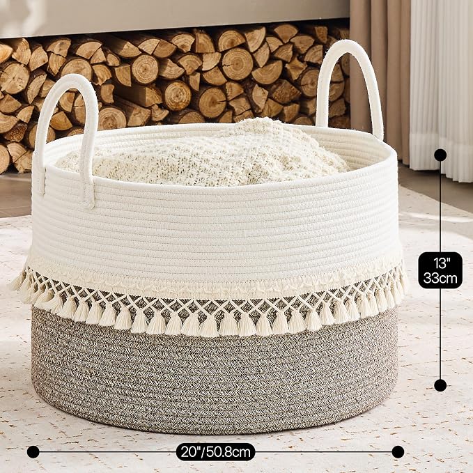 KAKAMAY Cotton Rope Storage Basket (20"x13"),Woven Hamper for Blankets,Toys,Pillows,Clothes,Laundry,Sturdy Handles Decorative Basket for Living Room, Bedroom,Nursery(Beige Fringe)