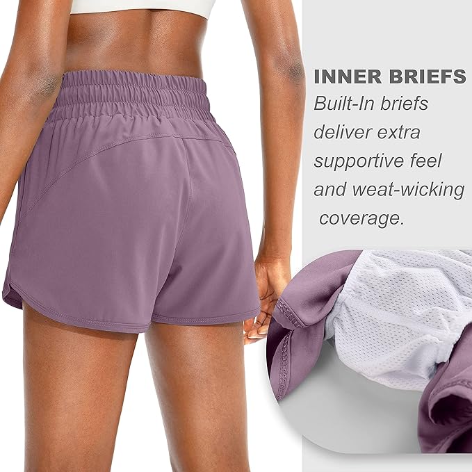 SANTINY Women's Running Shorts with Zip Pockets High Waisted Athletic Workout Gym Shorts for Women with Liner
