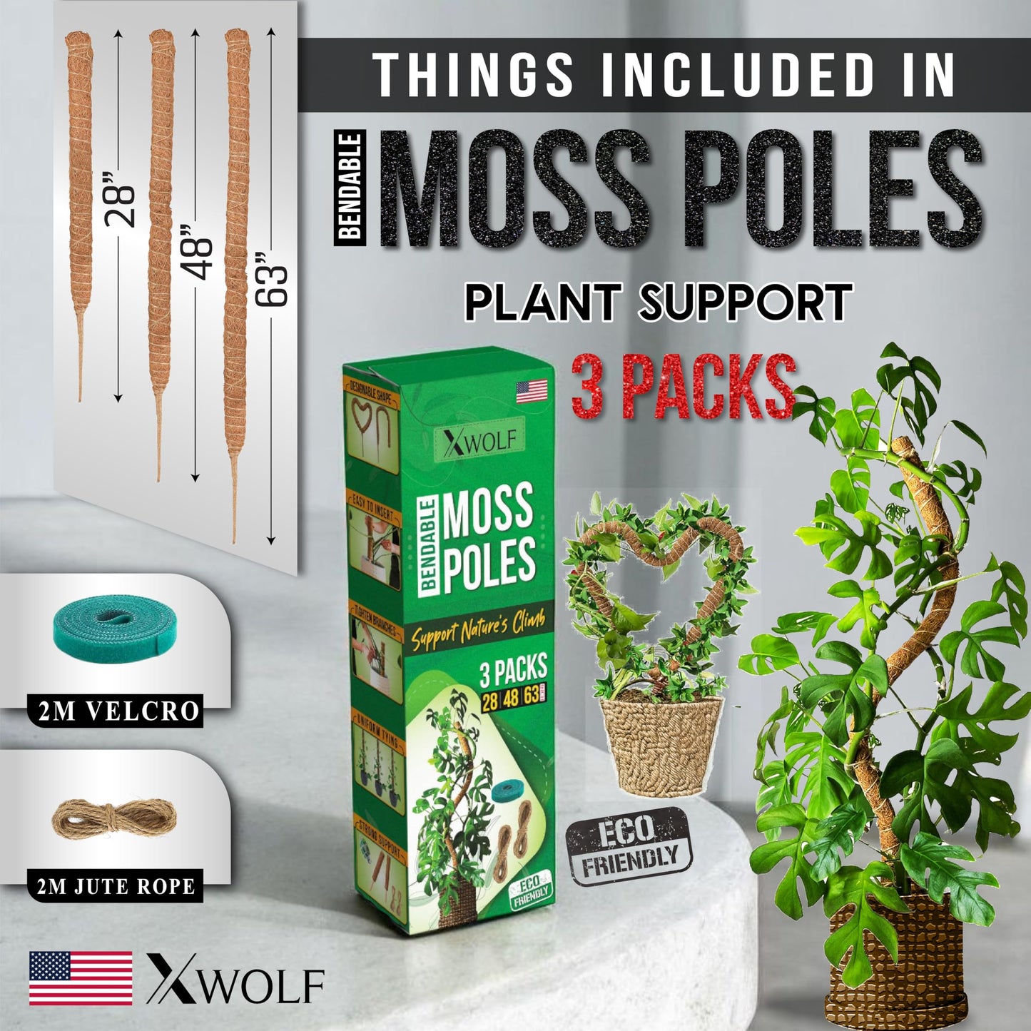 XWOLF 3 Pack Bendable Moss Pole 28" 48" 63" Monstera Plant Support for Climbing Indoor Plants, Tall Coir Plant Pole Sticks & Plant Stakes for Pothos, Philodendron & Potted Plants, Includes Plant Ties