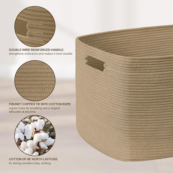72L Large Wicker Laundry Basket for Living Room Storage,Boho Woven Cotton Rope Baskets for Kids Toy,Gifts,Square Blanket Hamper for Bedroom Dirty Clothes,Jute