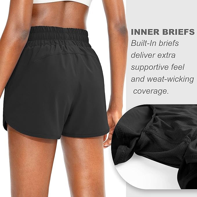 SANTINY Women's Running Shorts with Zip Pockets High Waisted Athletic Workout Gym Shorts for Women with Liner