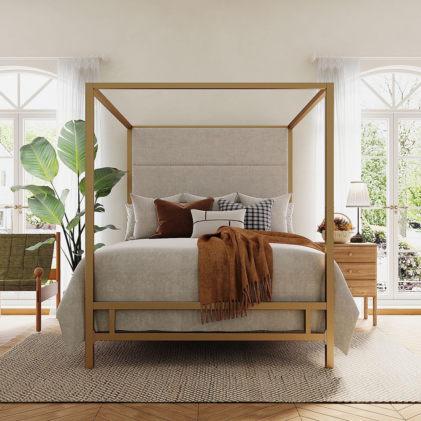 Merax Queen Size Gold Metal Canopy Bed Frame, 76.5" Tall Linen Upholstered Headboard, 4-Poster Bed with 800 lbs Capacity, Box Spring Required for Bedroom, Gold+Tan