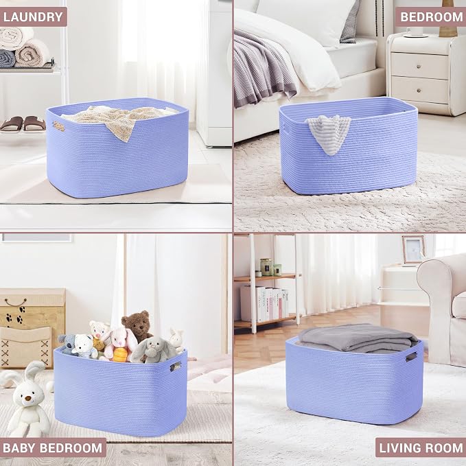 86L Large Baby Girls Laundry Basket for Nursery Storage,Cute Woven cotton Rope Baskets for Kids Toy，Gifts, Boho Square Wicker Blanket hamper for Living Room,Bedroom Dirty Clothes,Blue Purple