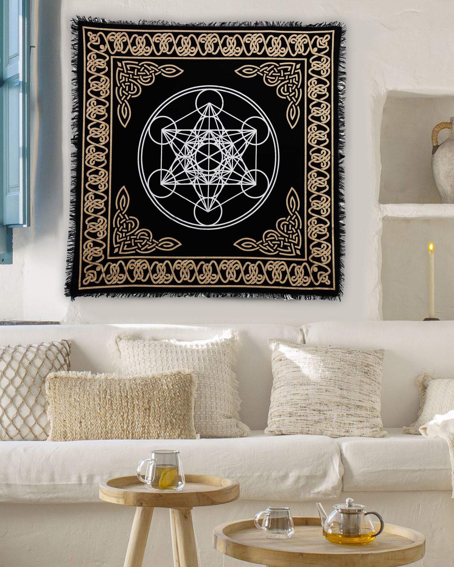 Indian Consigners Altar Cloth Hexagonal Metatron Witchcraft Alter Tarot Spread Top Cloth Wiccan Square Spiritual 18 by 18 Sacred (Hexagonal Metatron Gold Silver)