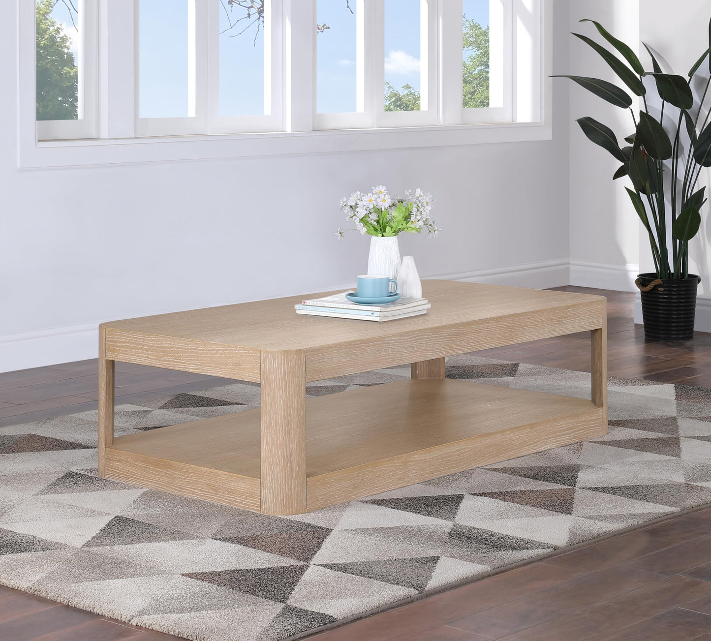 Meridian Furniture 99068Oak-CT Reeves Collection Art Deco Coffee Table with Rich Natural Finish, Oak Veneer, Mix of Solid Wood and MDF, 54" W x 28" D x 15" H, Natural