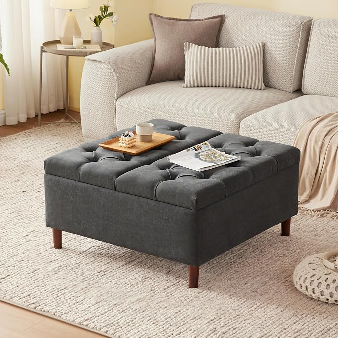 Weture 35 Inch Extra Large Storage Ottoman Coffee Table, No Assembly Required, Oversized Square Ottoman with Storage, Tufted Upholstered Ottomans Coffee Table for Living Room (Fabric, Dark Grey)