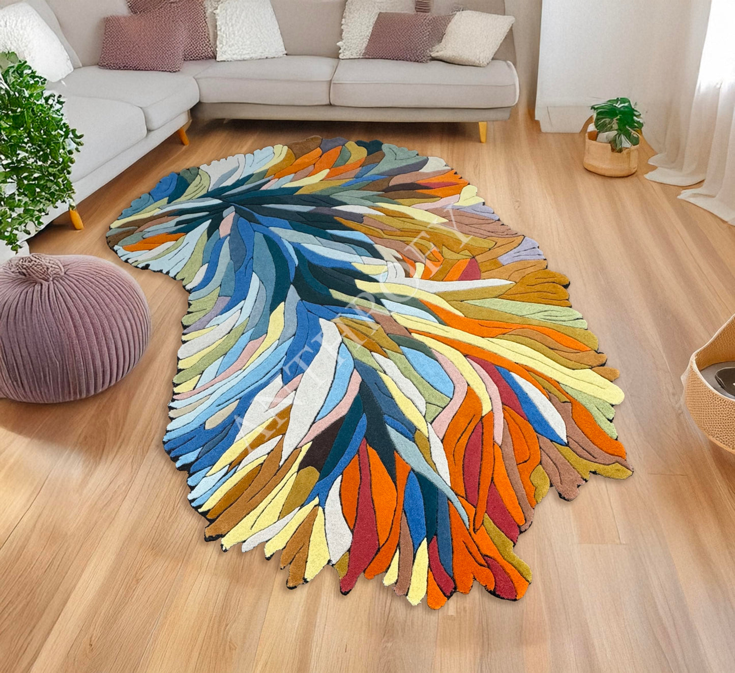Anthrofy Irregular Shape Wool Area Rug – Multicolor 4’ x 6' – Handmade - Unique Botanical Design – Thick & Soft Rugs for Living Room, Bedroom –Non-Slip Backing with 100% Cotton