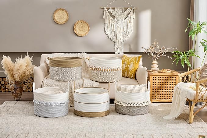 KAKAMAY Cotton Rope Storage Basket (20"x13"),Woven Hamper for Blankets,Toys,Pillows,Clothes,Laundry,Sturdy Handles Decorative Basket for Living Room, Bedroom,Nursery(Grey/Black)