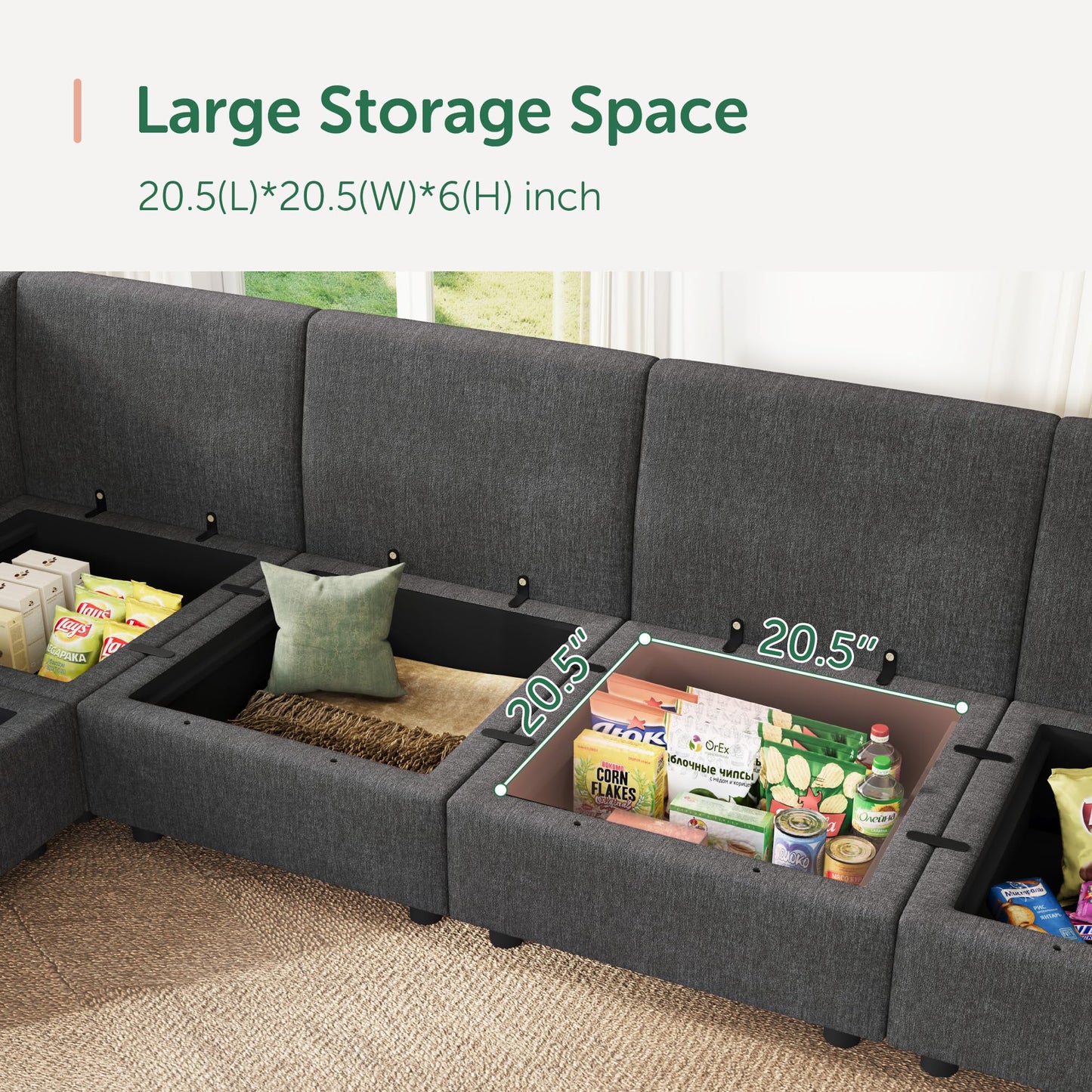 HONBAY Modular Sofa U Shaped Sectional Couch with Storage, Convertible Modular Sofa 7 Seats Sectional for Living Room - Snowflake Velvet Grey