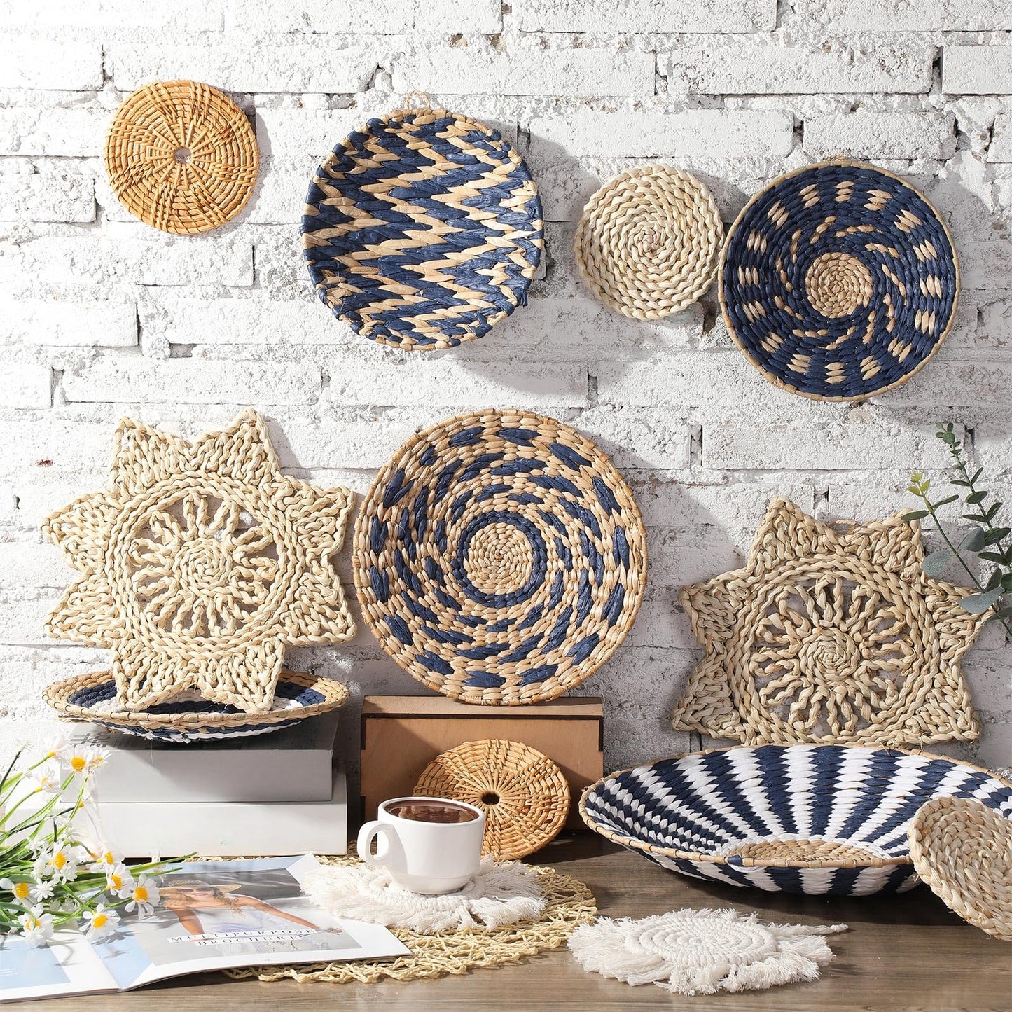 Anglechic 15 Pcs Boho Wall Basket Decor Woven Rattan Seagrass Wall Decor Hanging Rustic Farmhouse Western Art Decoration for Nursery Living Room Bedroom Home Kitchen(Blue Style)