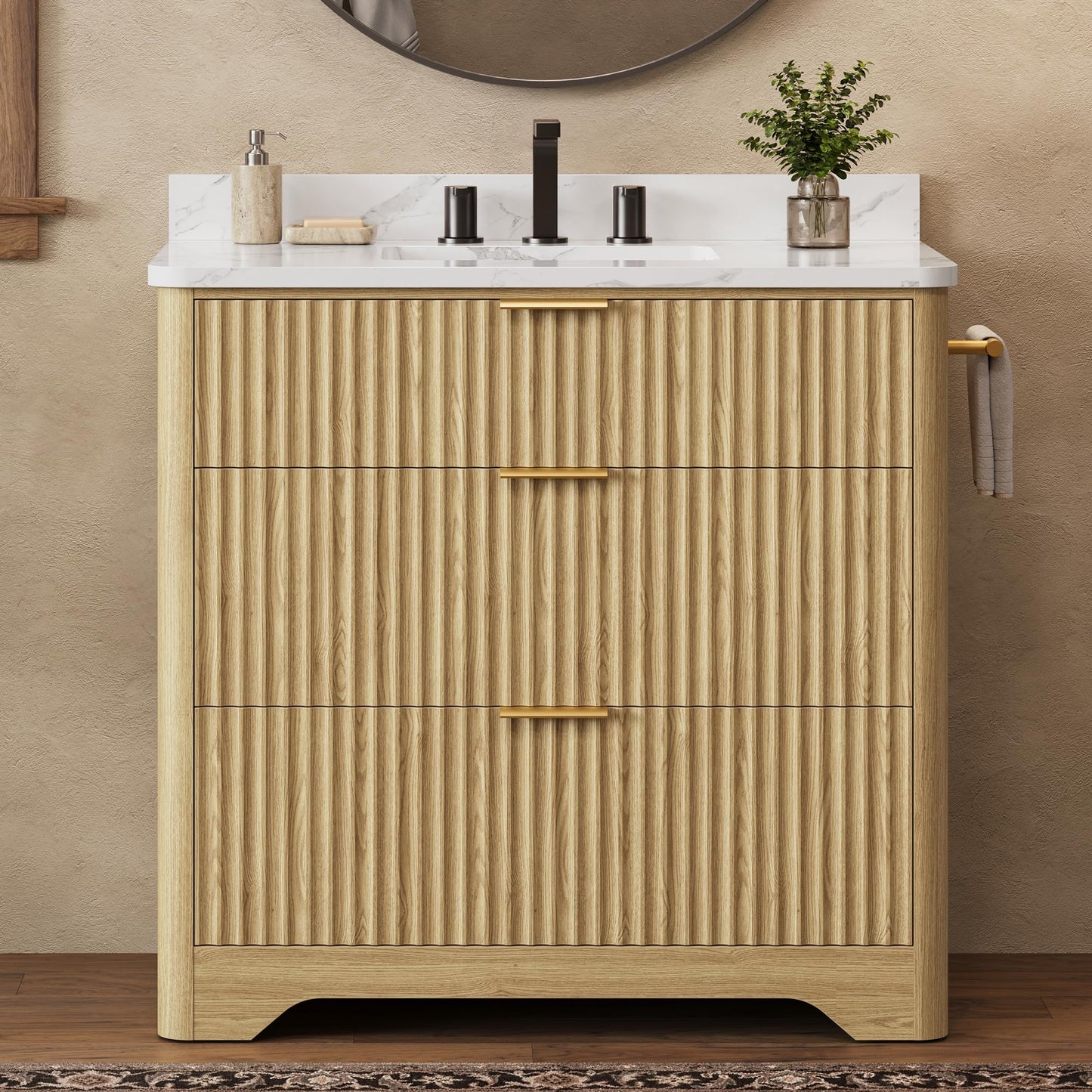 IRONCK 36 inch Bathroom Vanity with Ceramic Sink, Freestanding Wood Grain Sink Cabinet with 3 Storage Drawers (2 Standard + 1 Flip-Down), Farmhouse
