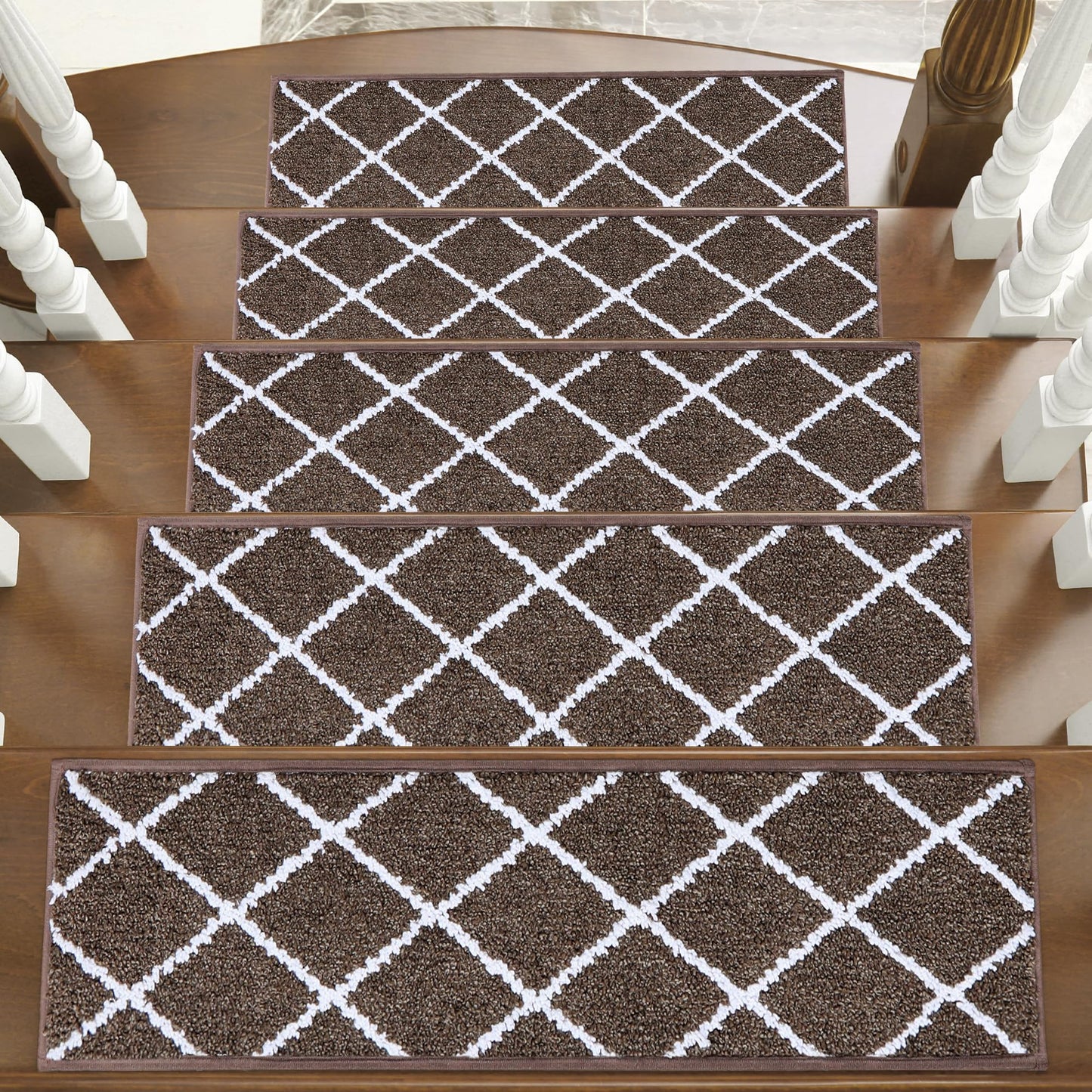 Non-Slip Stair Treads for Wooden Steps Indoor, 15 Pack 9" X 28" Edging Stair Carpet Mat with TPE Backing, 0.4" Thick Stair Runners for Kids Elders & Pets, 100% Polyester Stair Rugs, Brown&White
