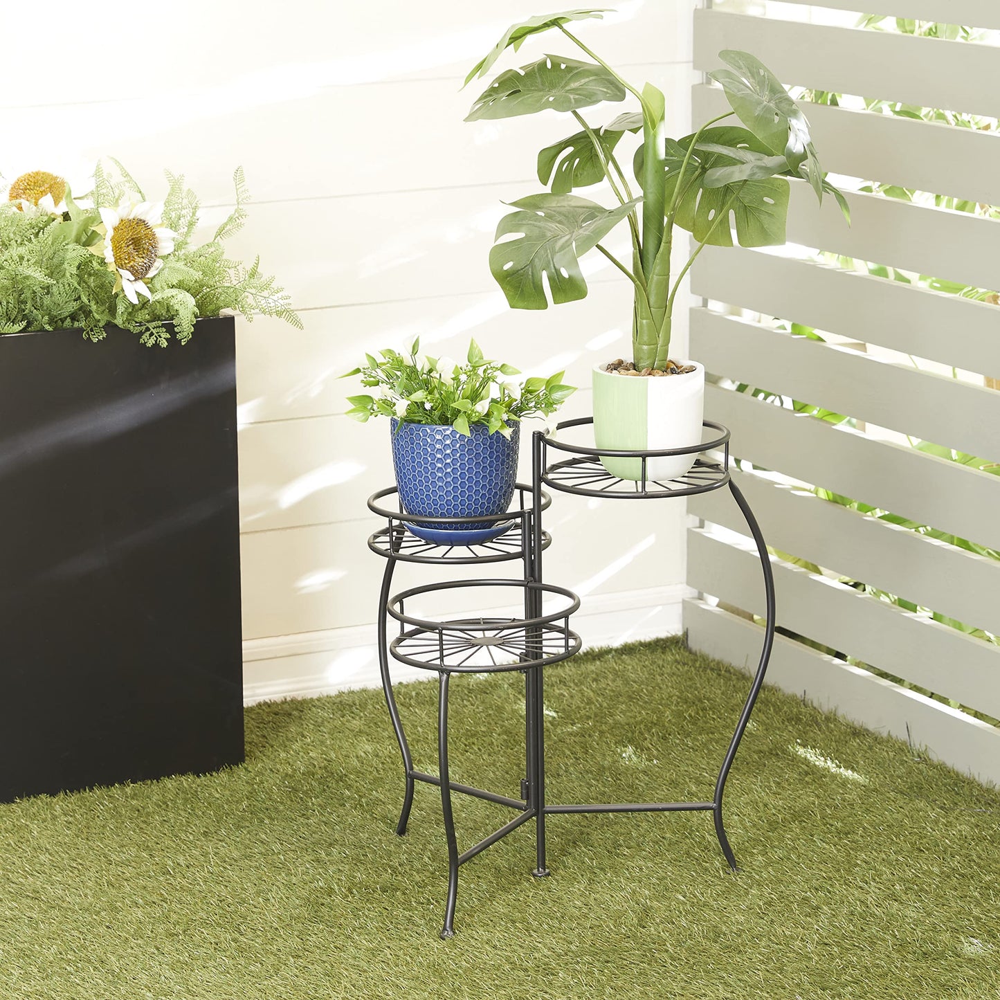Deco 79 Metal Starburst Indoor Outdoor Plantstand Indoor Outdoor 3 Tier Plant Shelf, Plant Stand 18" x 19" x 22", Black