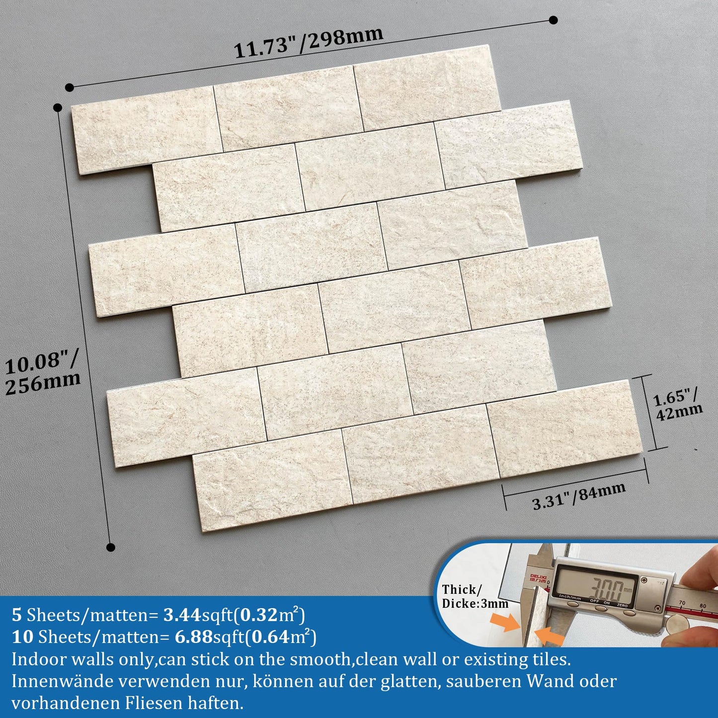 M MOFIT Stone Backsplash Peel and Stick Tiles Matte,Adhesive Mosaic Subway Tiles Waterproof Wall Tile Stickers for Bathroom Shower(Beige,10PCS)