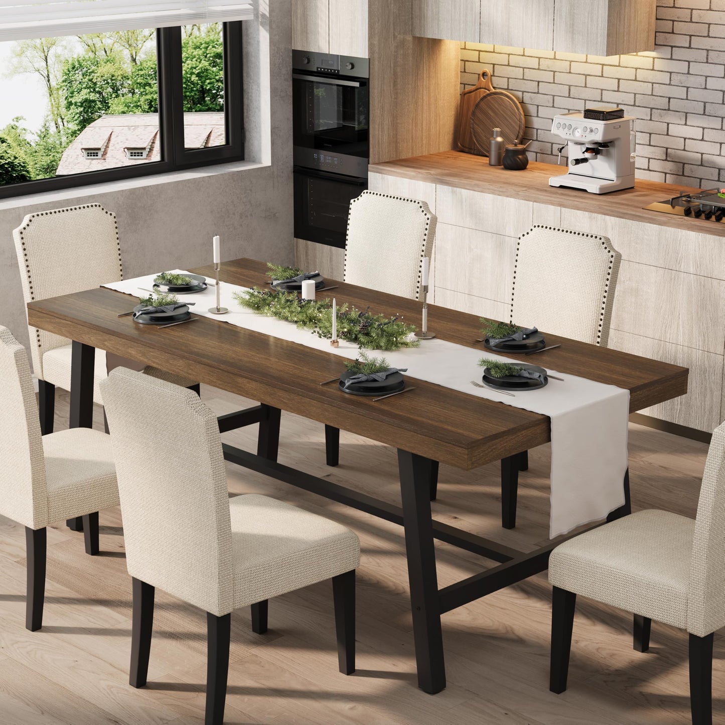 GarveeHome 7 Piece Dining Table Set for 6-8, 71" Heavy Duty Industrial Kitchen Table and 6 Padded High Back Chairs with Nailhead Trim, Modern Farmhouse Dining Room Furniture Sets, Rustic Brown