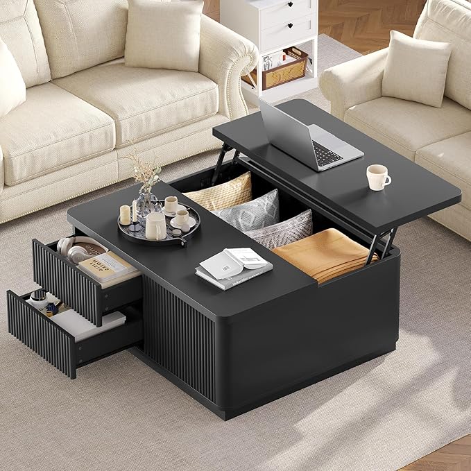 Itaar 39.4'' Lift Top Coffee Table with Storage, Fluted Coffee Tables for Living Room, Square Coffee Table with Large Hidden Compartment & 2 Drawrs & Adjustables Shelves, Black