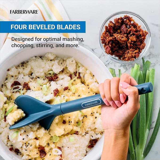 Farberware Professional Silicone Meat Masher and Ground Beef Chopper Tool - Blue, Heat Resistant to 450F, Nonstick Safe, Dishwasher Safe Potato Masher and Meat Chopper