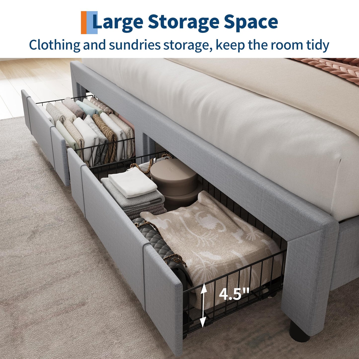 Garvee Upholstered Bed Frame King Size with Storage Headboard and Charging Station, Platform Bed Frame with Drawers, Heavy Duty, No Box Spring Needed, Easy Assembly, Light Grey
