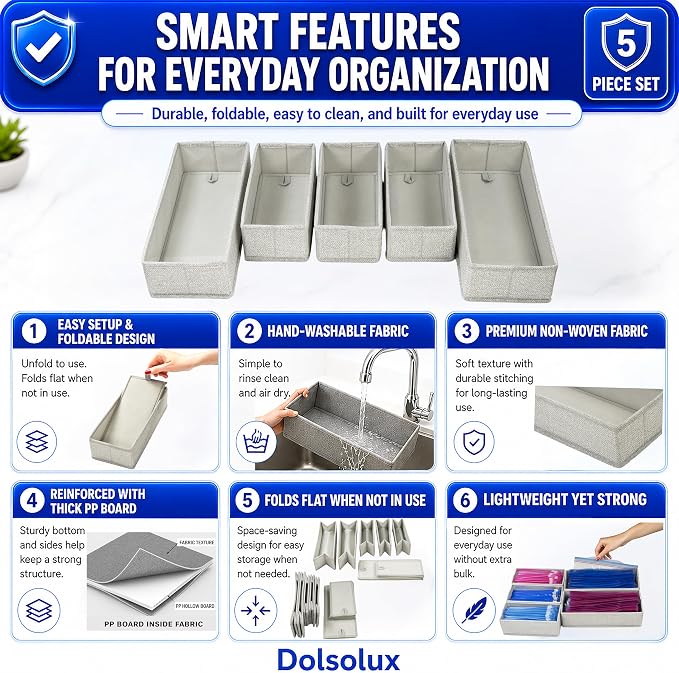 Drawer Organizer, 5-Piece Rigid Fabric Bins for Kitchen | Ideal for kitchen, bathroom, cosmetics, utensils, silverware, and gallon, quart, sandwich & snack bags