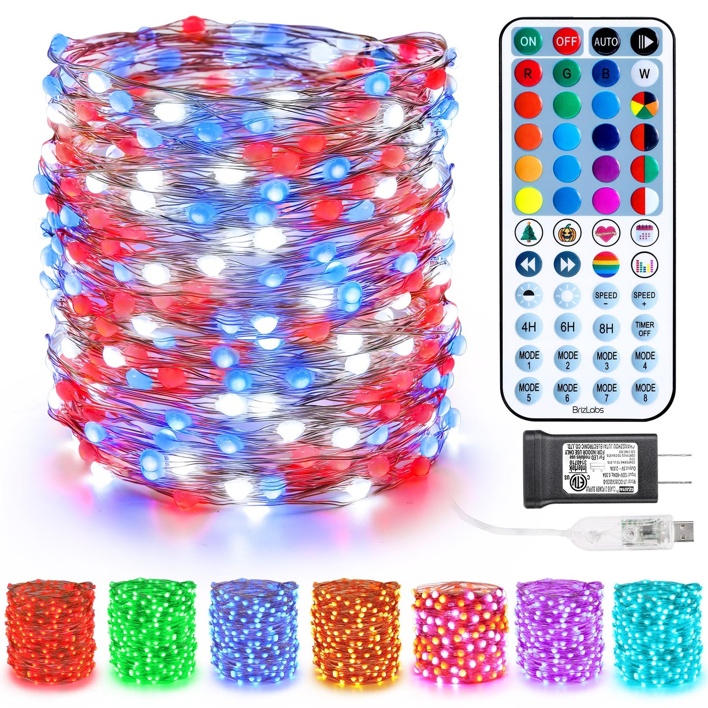 BrizLabs Color Changing Fairy Lights, 66ft 200 LED Red White Blue Fairy Lights with Remote, July 4th Lighting with Timer Dimmable Twinkle Light Music Sync for Indoor Xmas Halloween 4th of July Party
