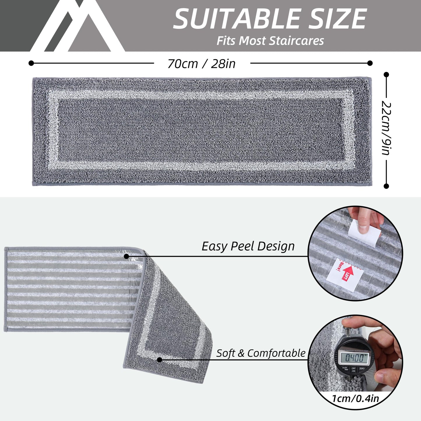 COSY HOMEER Soft Stair Treads Non-Slip Carpet Mat 28inX9in Indoor Stair Runners for Wooden Steps, Stair Rugs for Kids and Dogs, 100% Polyester TPE Backing 10pcs,Grey