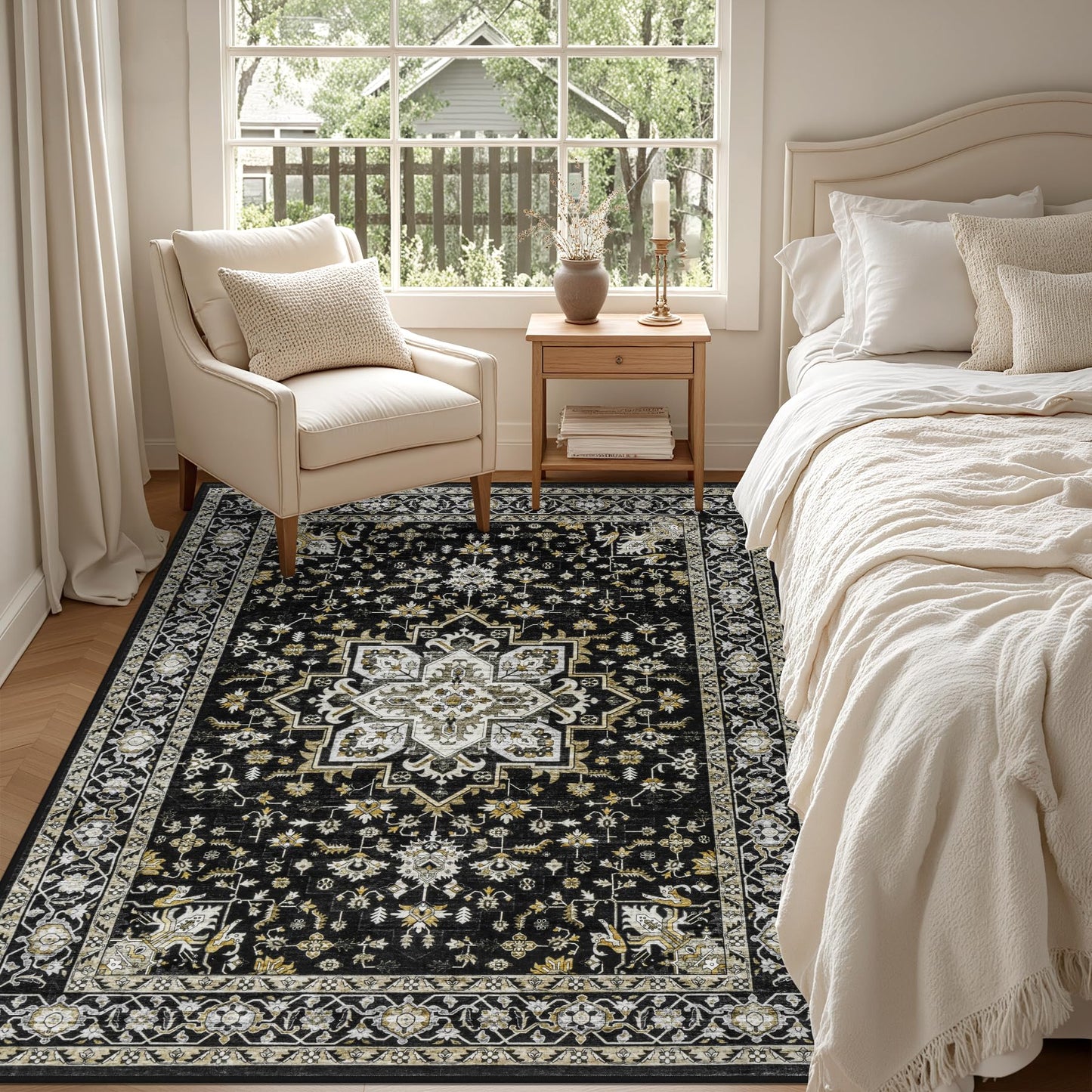 3x5 Area Rugs Living Room Rug: Washable Vintage Boho Medallion Rug No Slip Stain Resistant Soft Carpet Indoor Large Carpets for Bedroom Dining Room Farmhouse Nursery Hallway Home Office Black Gold