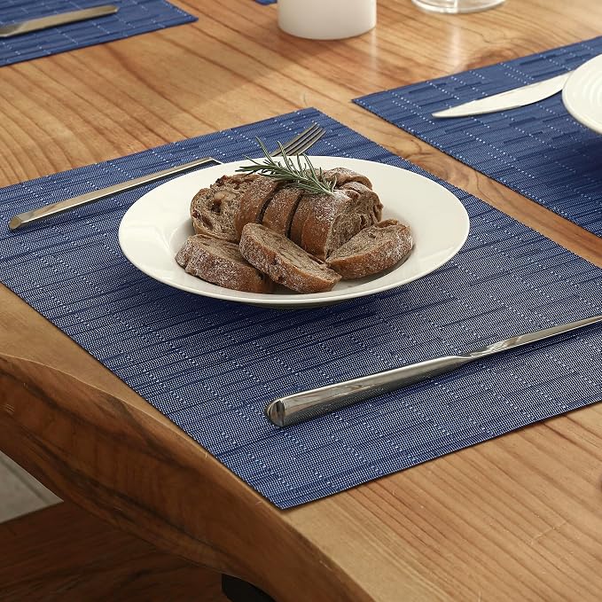 Leetaltree Blue Placemats Set of 6 - Heat Resistant Non-Slip Place mats for Dining Table, Washable Durable PVC Vinyl Woven Table Mats（Blue, 6）