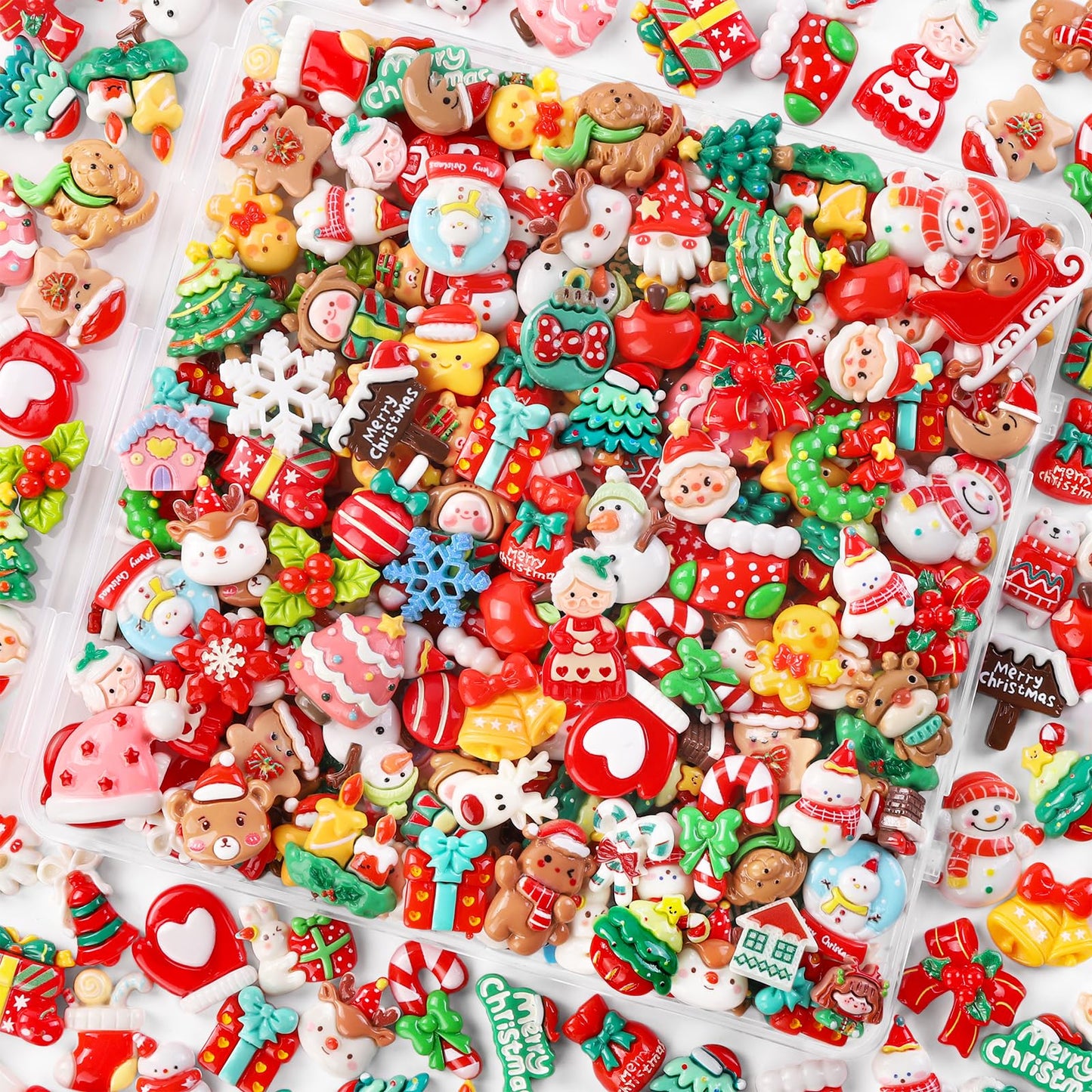 Vellibring 120PCS Christmas Cute Resin Flatback Slime Charms，60 Styles Bulk Christmas Cartoon Making Kit Decorations for Holiday DIY Craft Phone Cases Nails Scrapbooking