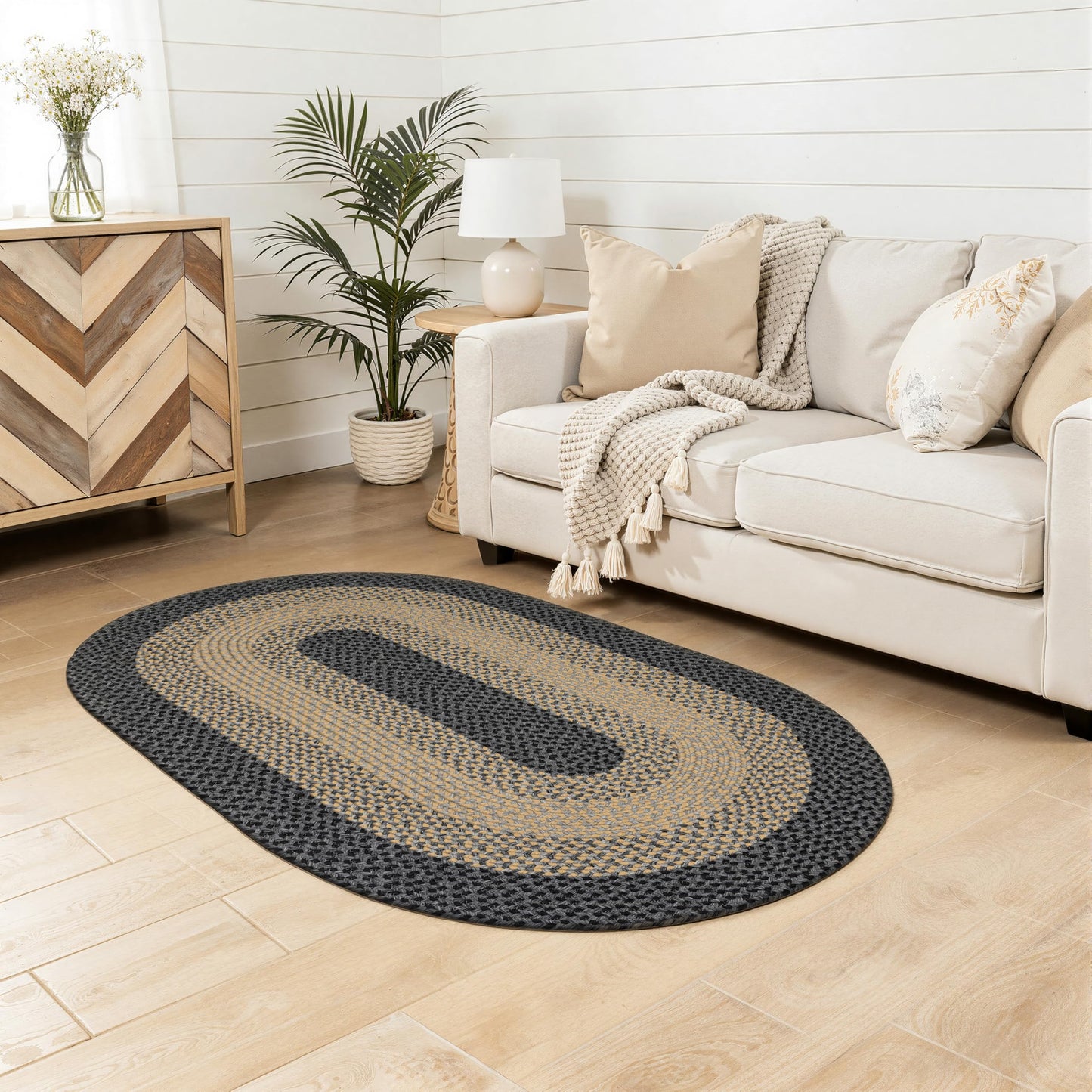 RCTJHOME 3x5 Oval Braided Area Rug, All-Season Farmhouse Rug for Living Room, Dining Room & Kitchen, Door Mat with Anti-Slip Pads for High Traffic Areas, Rope Rug Without Rubber, Brown with Black