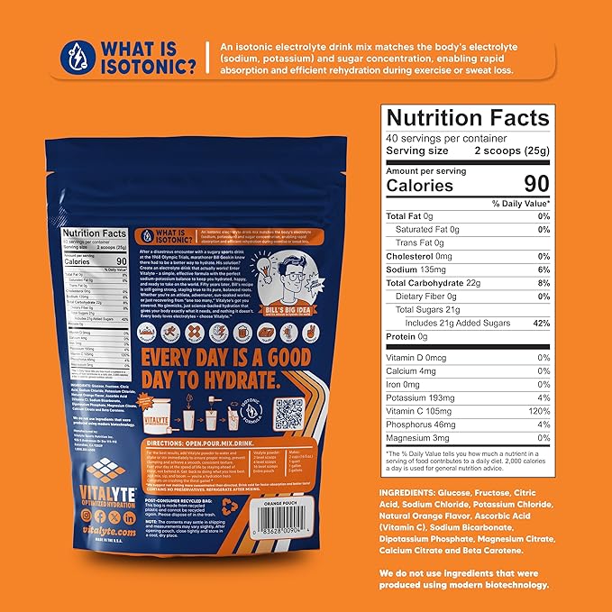 Vitalyte Electrolyte Powder Drink Mix, Isotonic Electrolyte Hydration Mix, Case Pack (6 Pack, Orange)