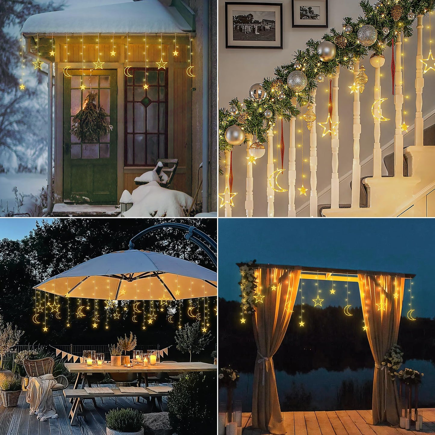 Qunlight Ramadan Solar Icicle Lights,10.8ft 138 LED Outdoor Waterproof Moons Stars Curtain Window String with 8 Modes Timer Remote,USB Rechargeable Connectable Warm White Hanging Decor for Patio