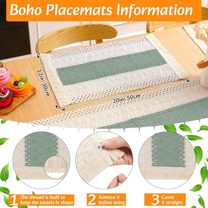 6 Sets Boho Decoration Placemats Round Woven Placemats, Cloth Napkins, Wood Bead Napkin Rings, Long Table Runner and Farmhouse Burlap Cotton for Table Kitchen (Green,12x72)