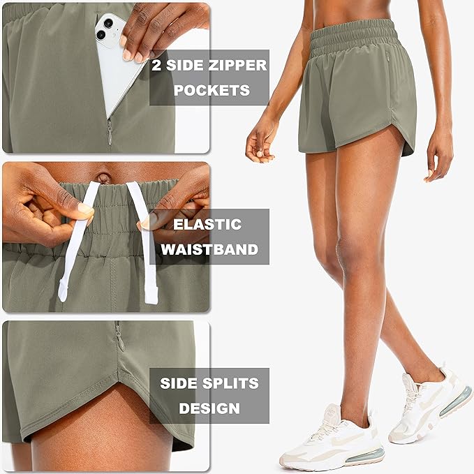 SANTINY Women's Running Shorts with Zip Pockets High Waisted Athletic Workout Gym Shorts for Women with Liner