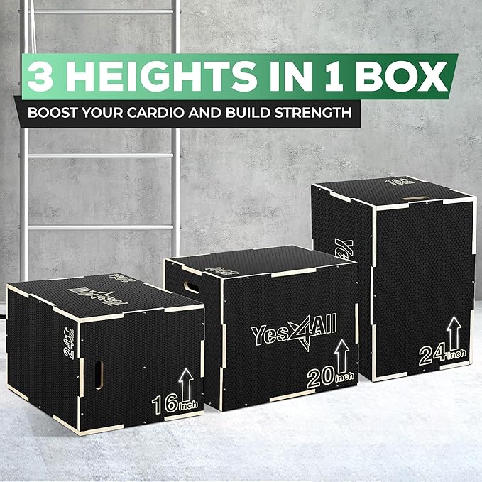 Yes4All 3 in 1 Non-Slip Wooden Plyo Box, Step Up Box for Workout, Plyometric Jump Box for Skipping, Jumping, Lunges, Squats, Dips