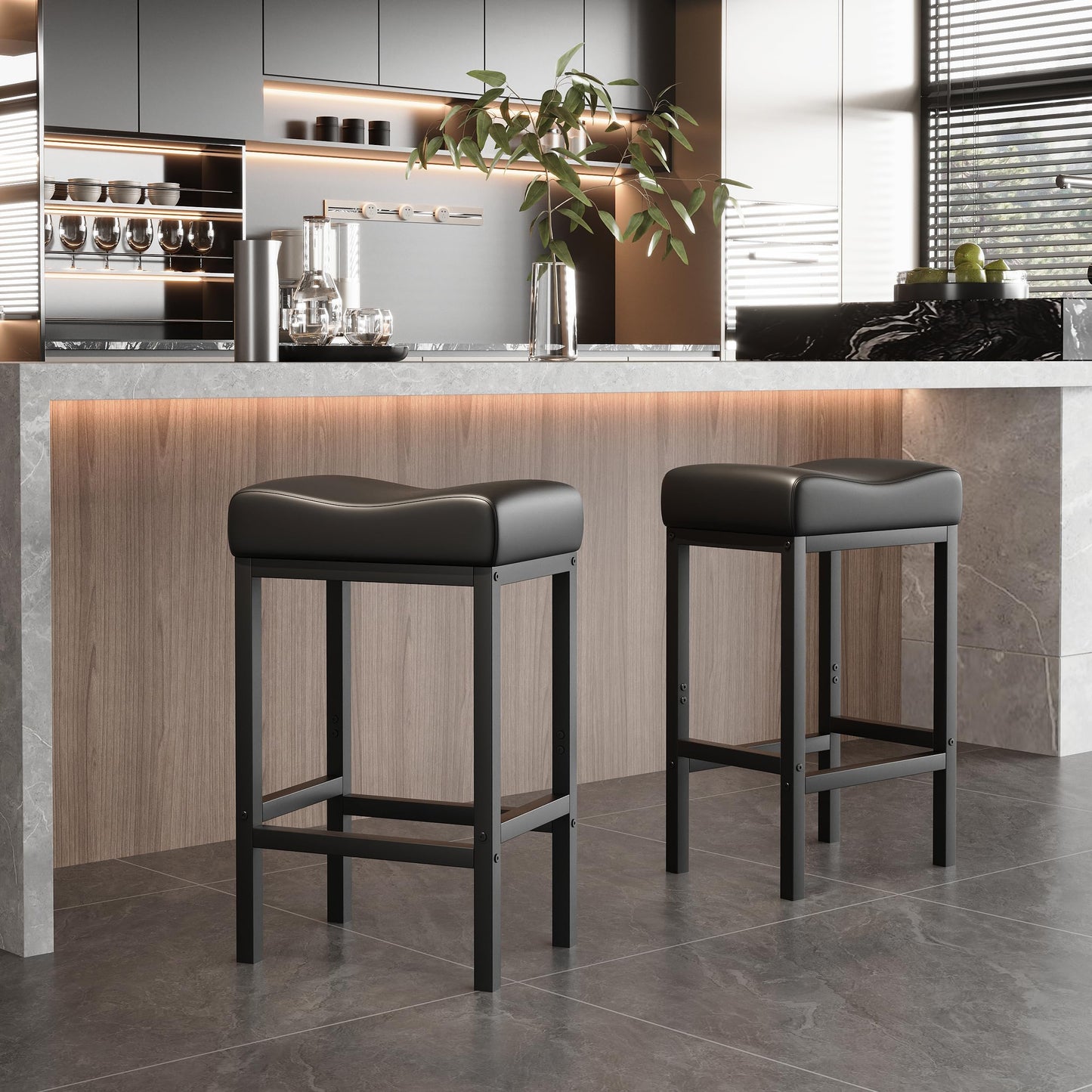 Monhey 30 Inch Bar Stools Set of 2 - Counter Height Bar Stools with Soft Leather Seat, 300LB Heavy Duty Backless Padded Barstool Chair Easy Assembly for Modern Kitchen Island Counter (Black)