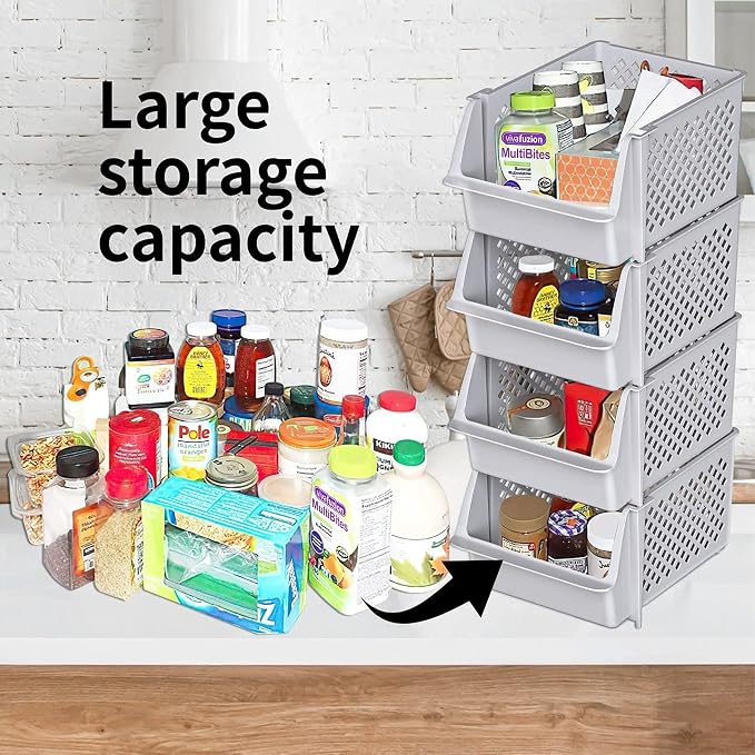 Stackable Storage Bins Open Front for Pantry Storage, 4 Pack - Light Grey | Sturdy Plastic, Easy Stacking, Open Front Access, Ventilated Sides, Vertical & Space Saving Pantry Organizers and Storage Bin