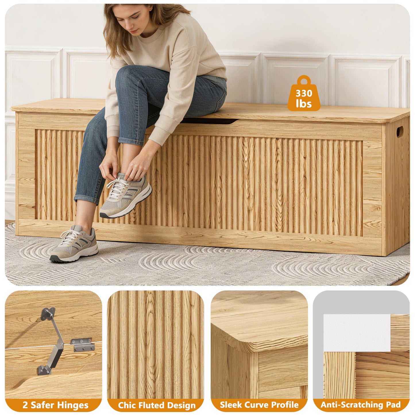 Akxomel Extra Large Fluted Storage Chest, 51.2" Storage Bench with 2 Safety Hinges, Shoe Bench, Wooden Box Bench, Long Storage Trunk with Lift Top, for Bedroom, Living Room, Entryway, Natural Oak